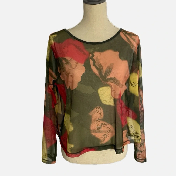 Sympli Floral Camo Mesh Cropped Top Size 12 Long Sleeve Scoop Neck NWT - Picture 2 of 14